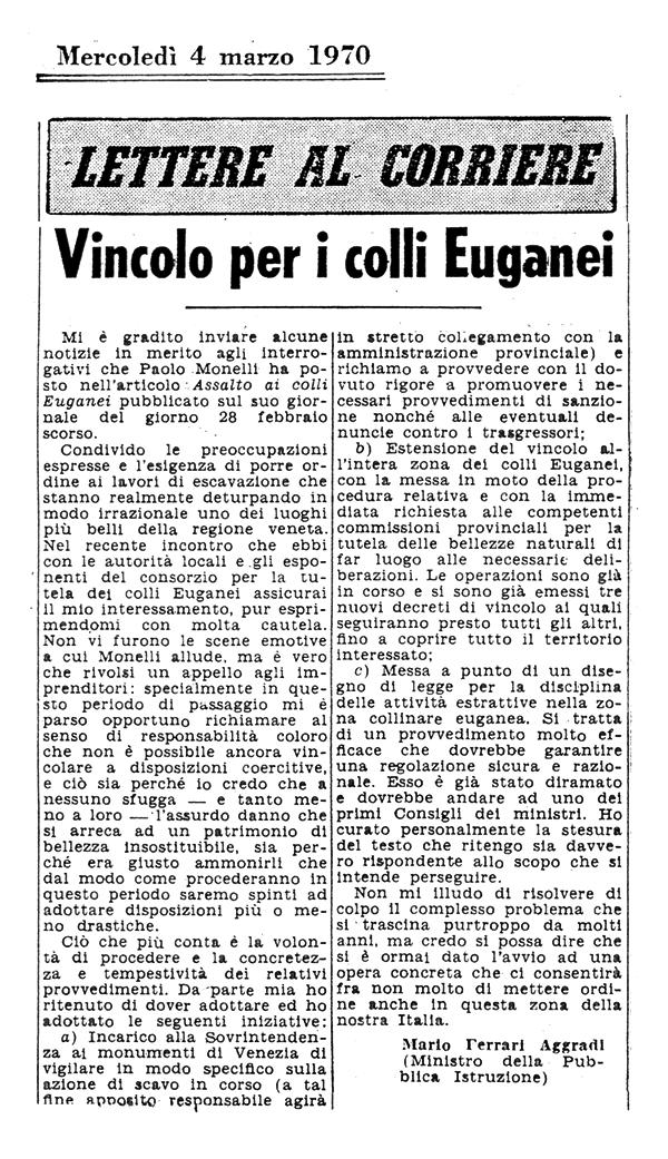 Vincolo per i colli Euganei. Lettera del 4 marzo 1970.