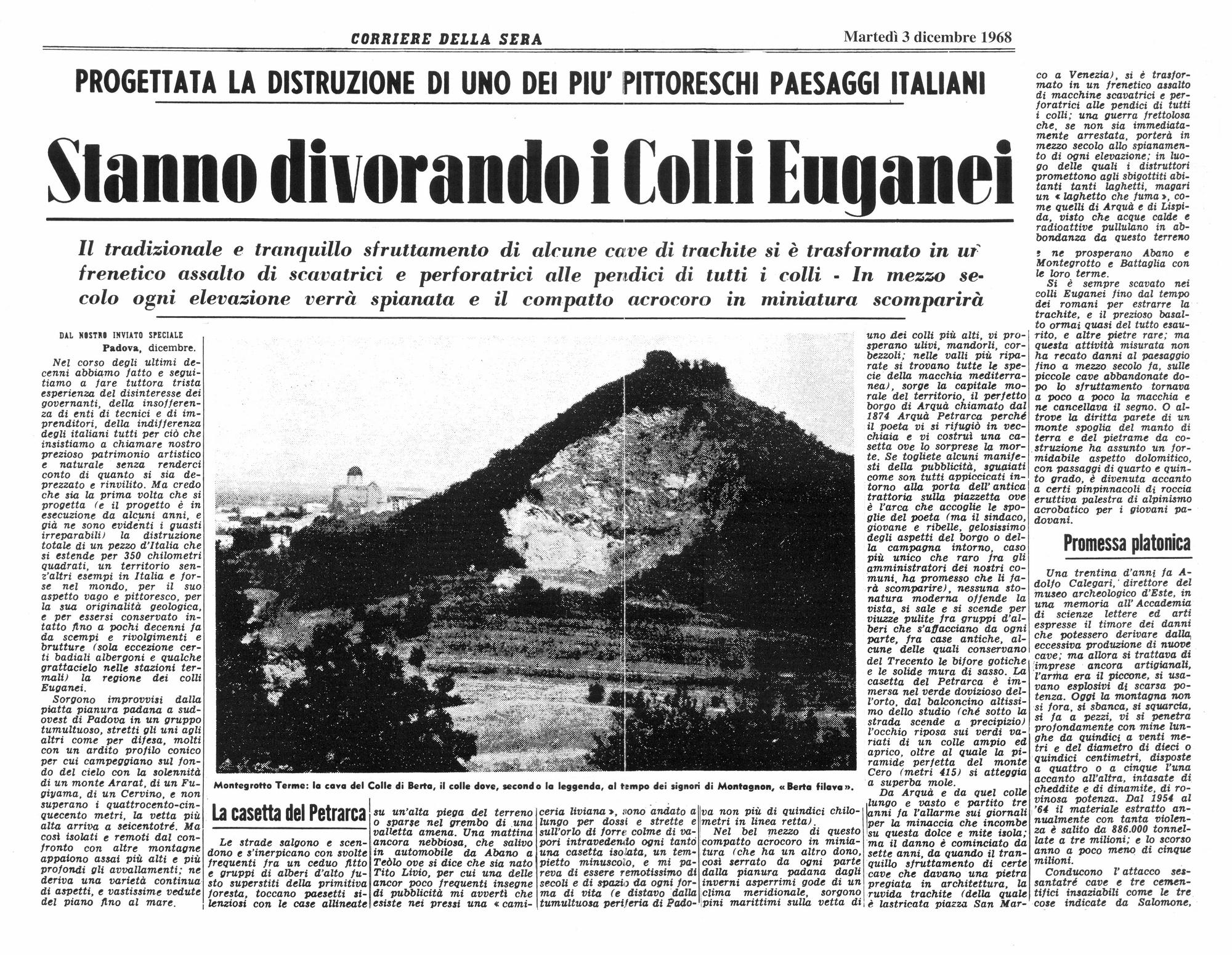 Stanno divorando i Colli Euganei. Articolo del 3 dicembre 1968, prima parte.