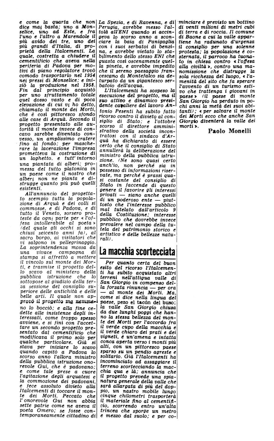 Stanno divorando i Colli Euganei. Articolo del 3 dicembre 1968, seconda parte.