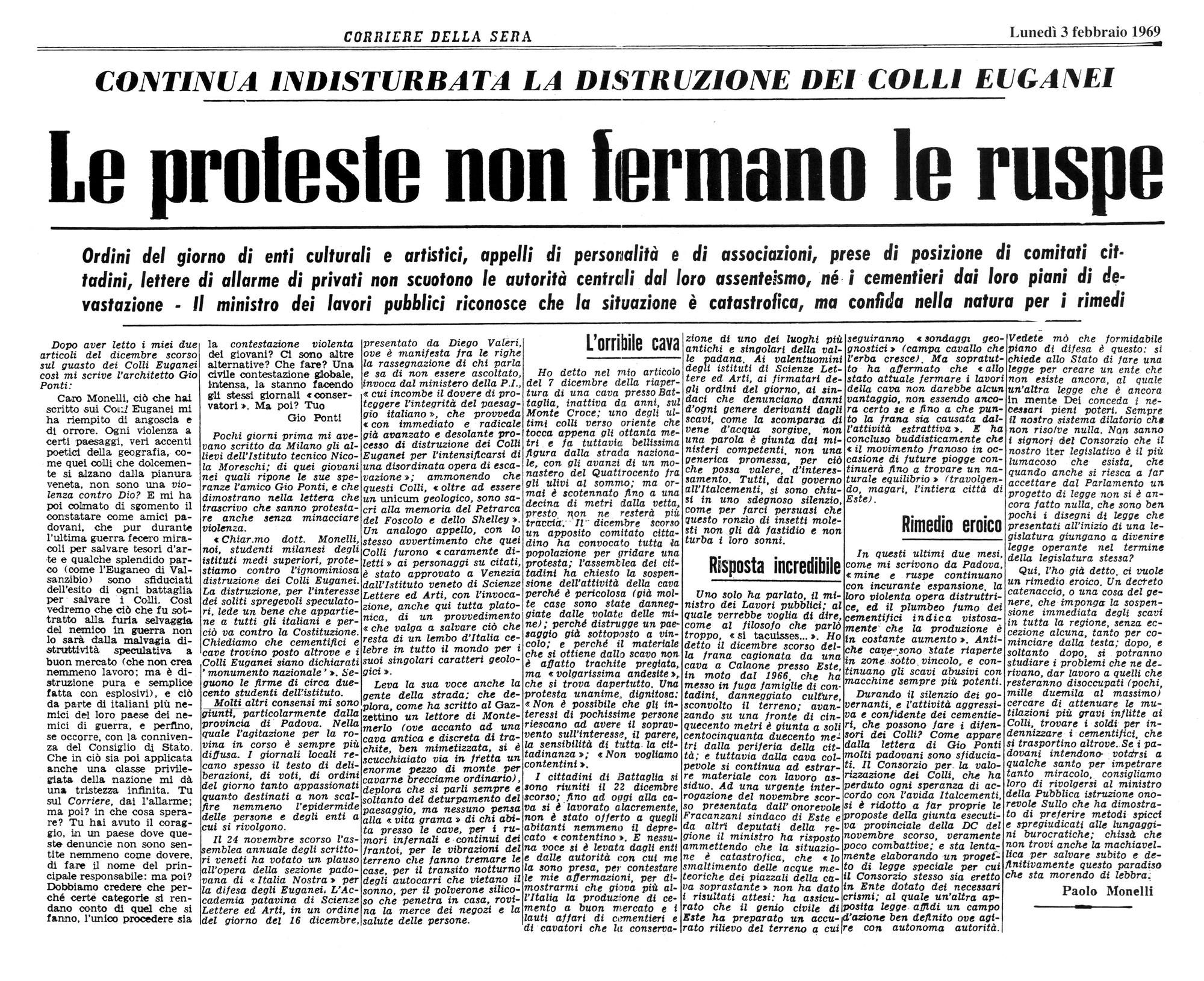 Le proteste non fermano le ruspe. Articolo del 3 febbraio 1969.
