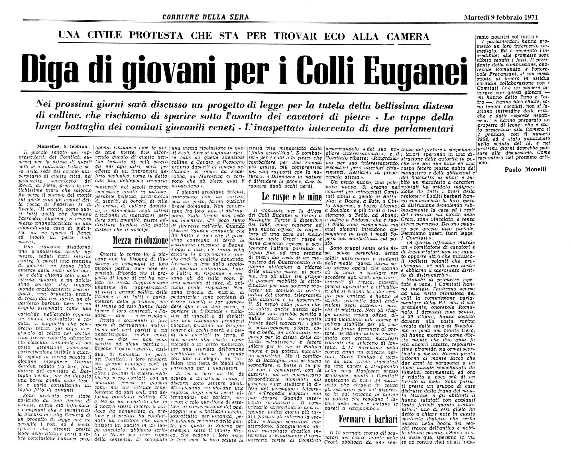 Diga di giovani per i Colli Euganei. Articolo del 9 febbraio 1971.