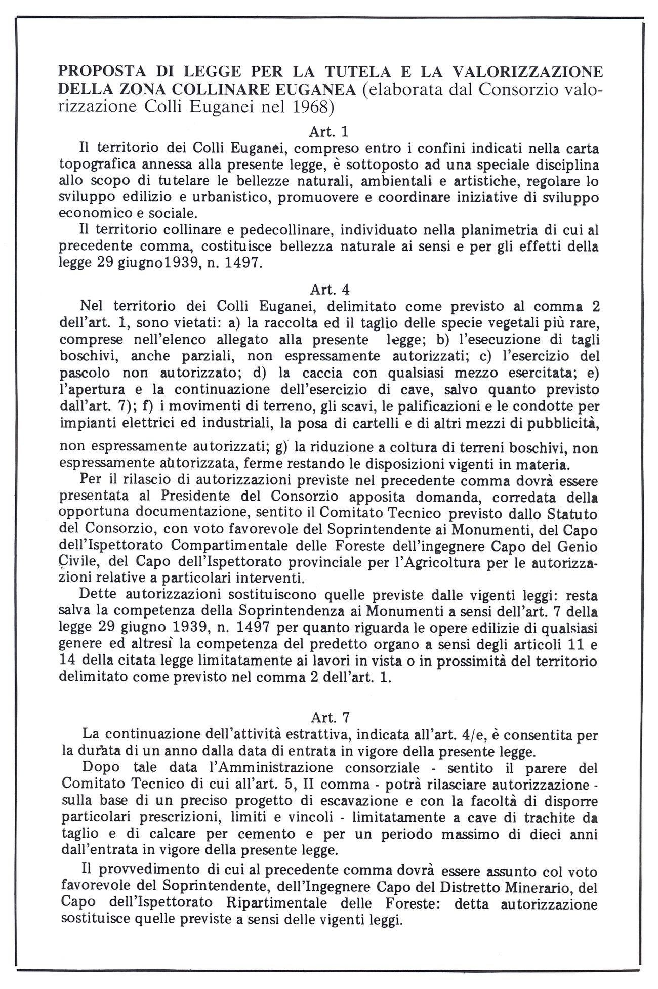 Alcuni articoli della proposta di legge per la tutela e la valorizzazione dei Colli Euganei del 1968.