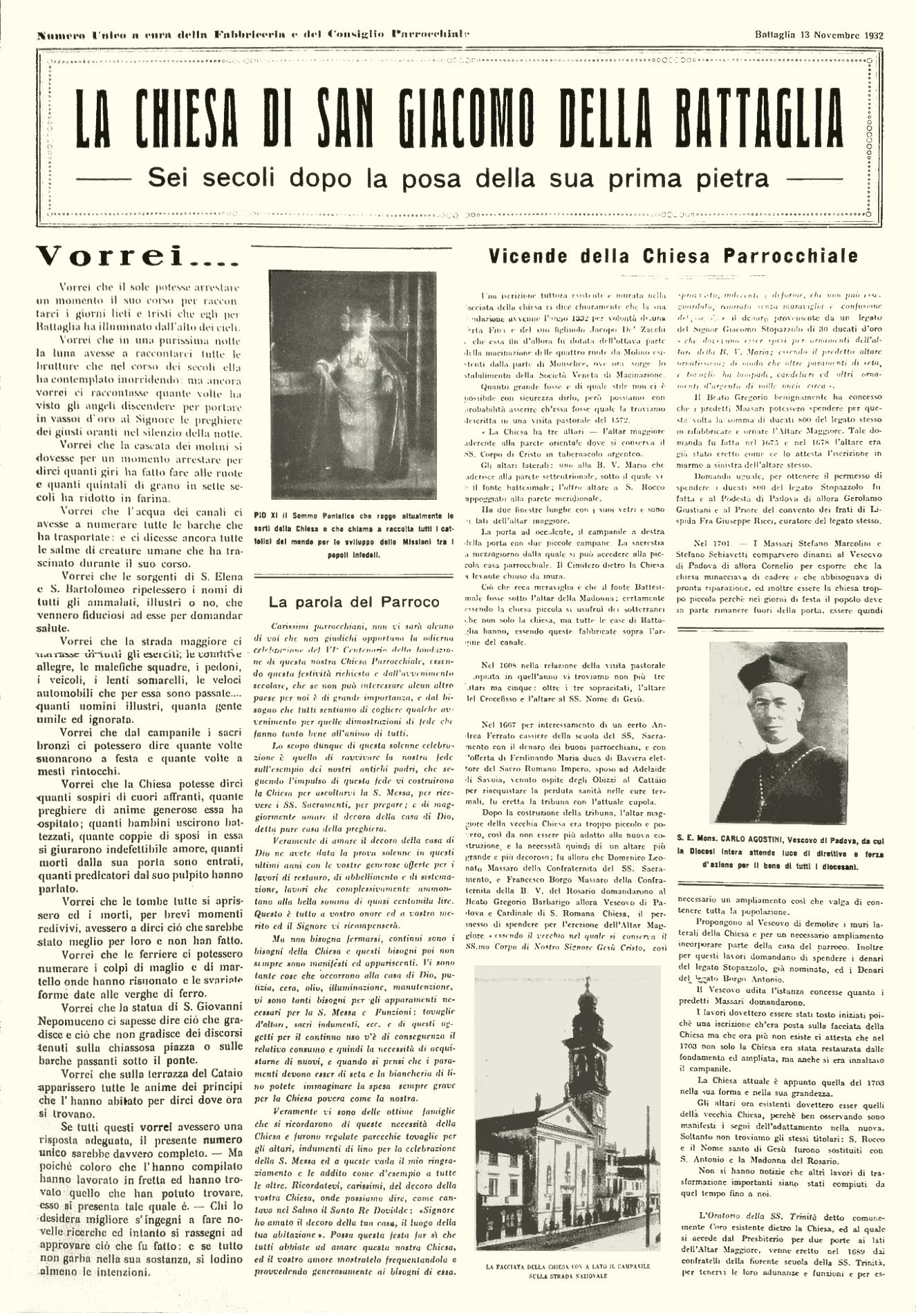 Prima pagina del numero unico intitolato: La Chiesa di San Giacomo della Battaglia, dato alle stampe nel 1932.