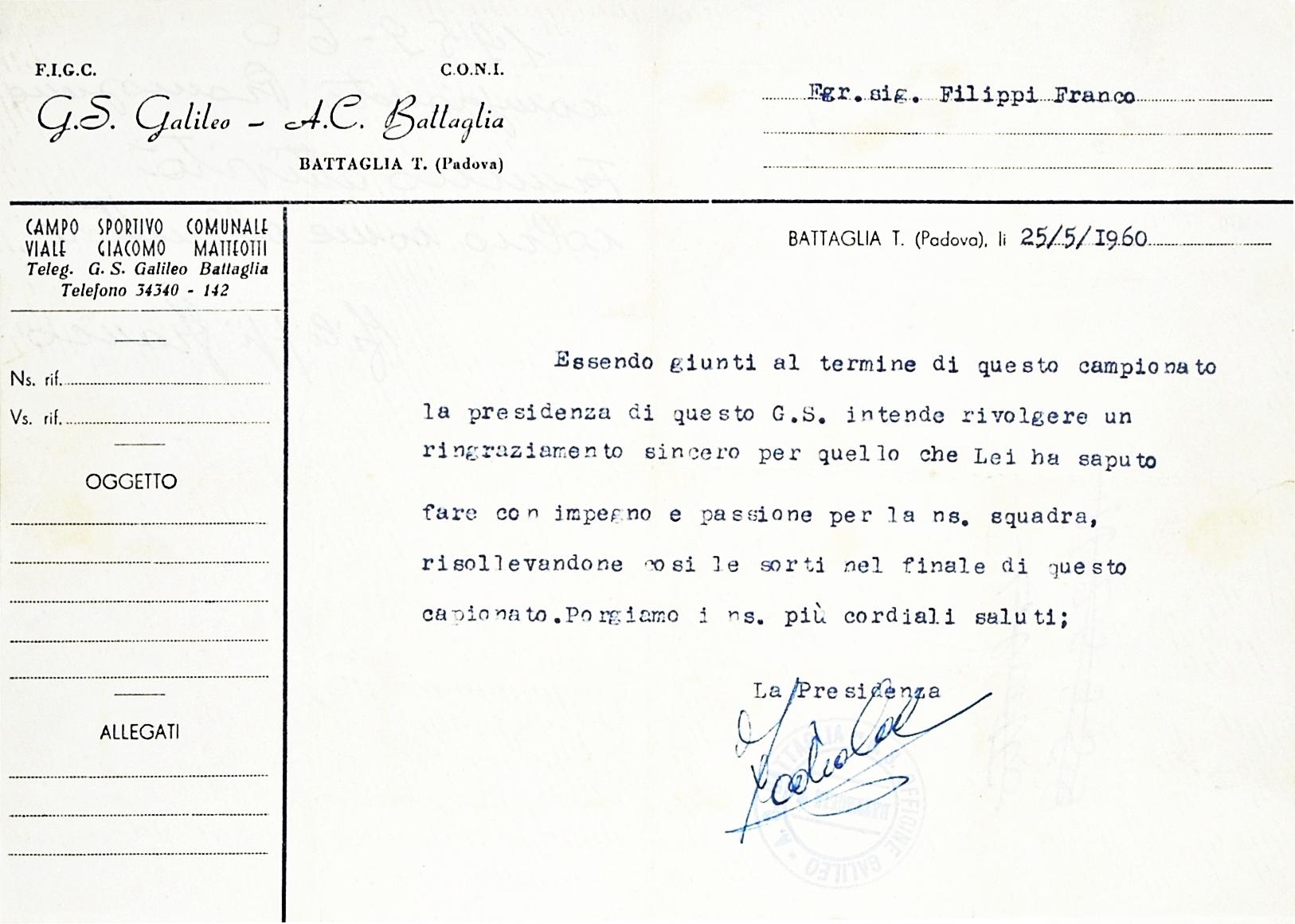 15/05/1960, ringraziamento del Galileo Battaglia al giocatore-allenatore Franco Filippi.