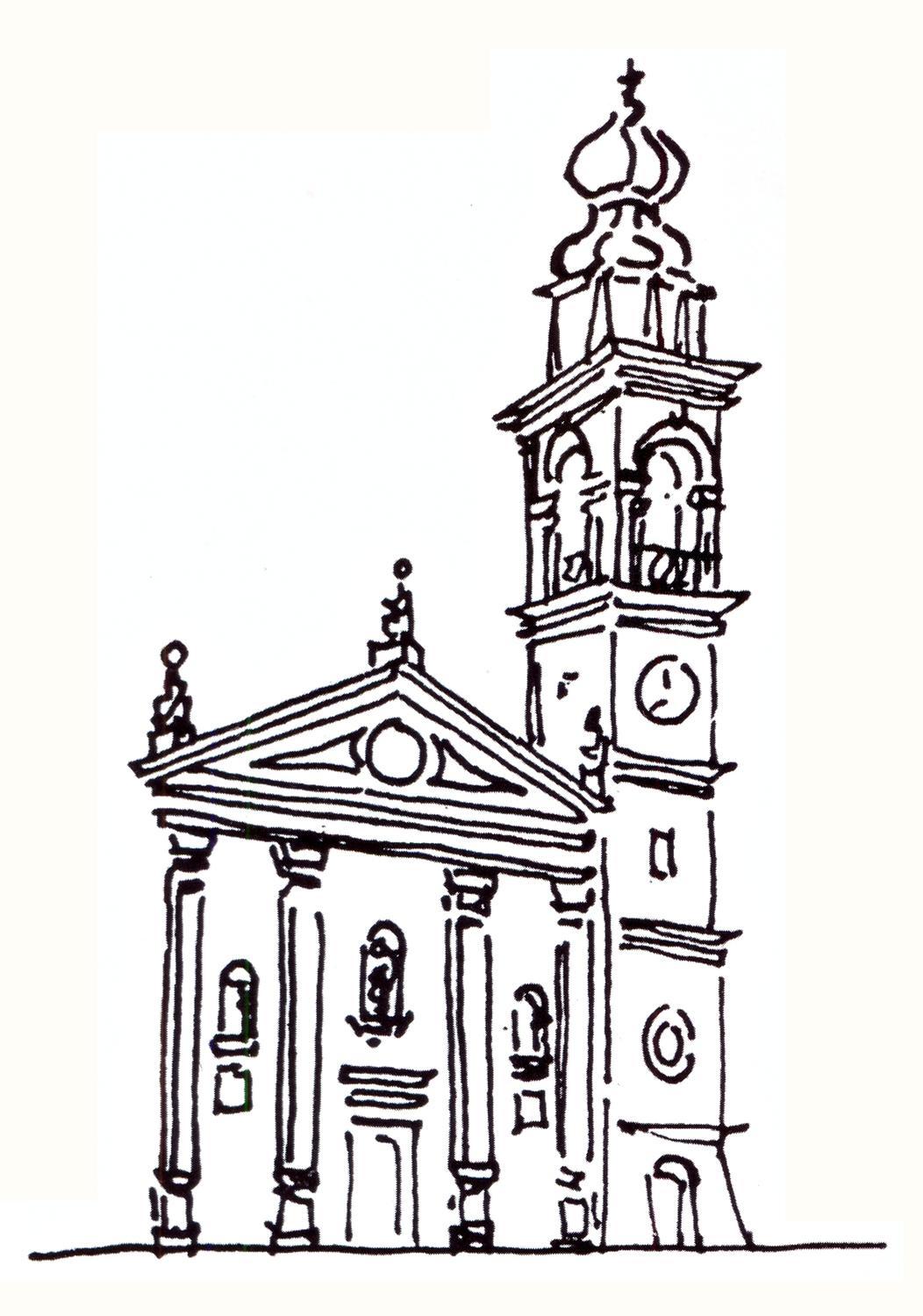 La vecchia parrocchiale di S. Giacomo in Battaglia Terme in un disegno di Milvia Bellinello Romano.