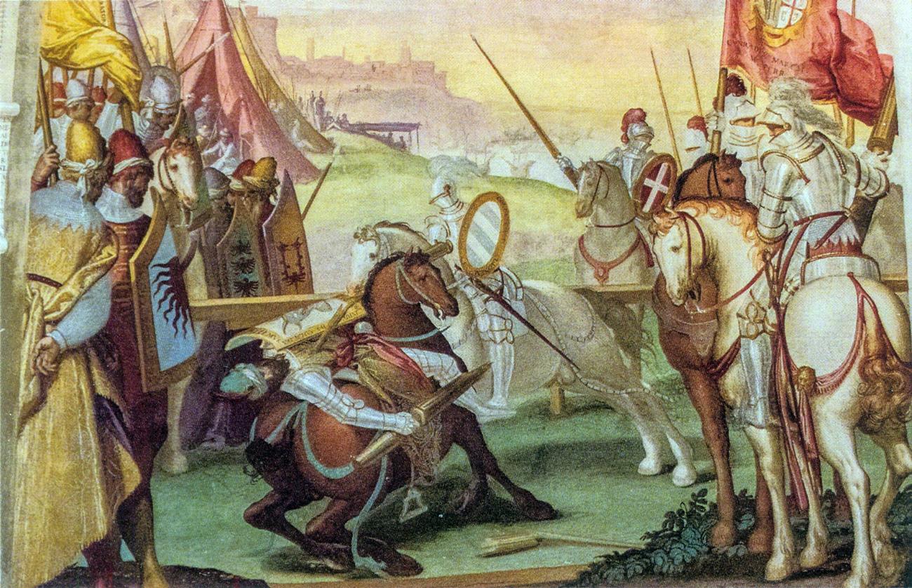 Giambattista Zelotti, Duello tra Obizzo II e il luogotenente di Saladino, particolare. Castello del Catajo, Battaglia Terme.